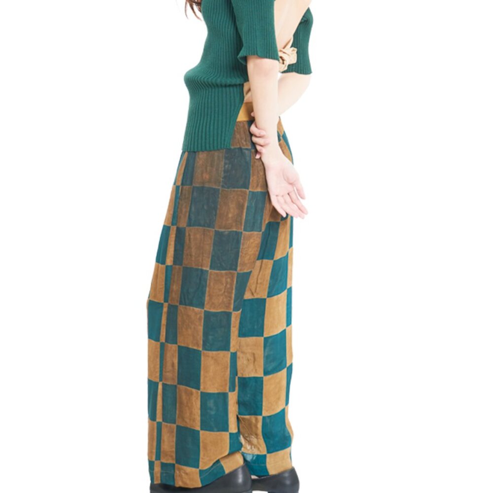 Uma Wang Silk Wideleg Trousers / Pants size S. NWOT Color" Green & Gold check